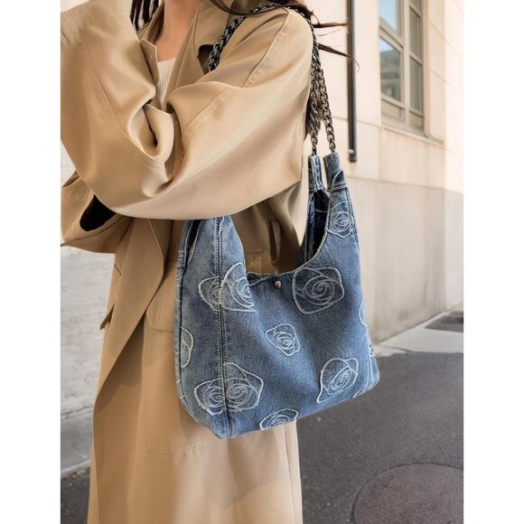 Denim Hobo Tote Bag for Women Floral Pattern Shoulder Purse Lightweight - Picture 2 of 6